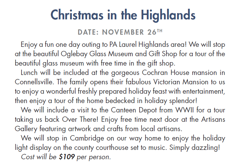 Christmas tour in the PA Laurel Highlands includes Oglebay Glass Museum, Cochran House Mansion